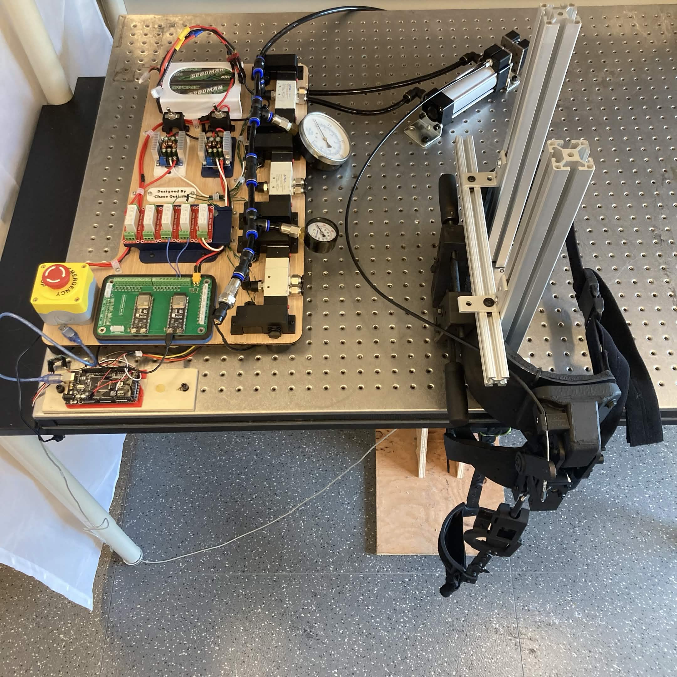 Exoskeleton test rig and pneumatic force-testing bench